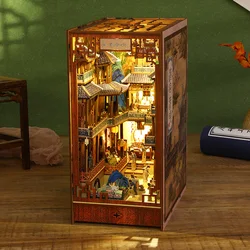 DIY Book Nook Wooden Miniature Model Kit Chinese Ancient Town Bookend Assembled 3D Puzzle Bookshelf Home Decor Friends Gifts