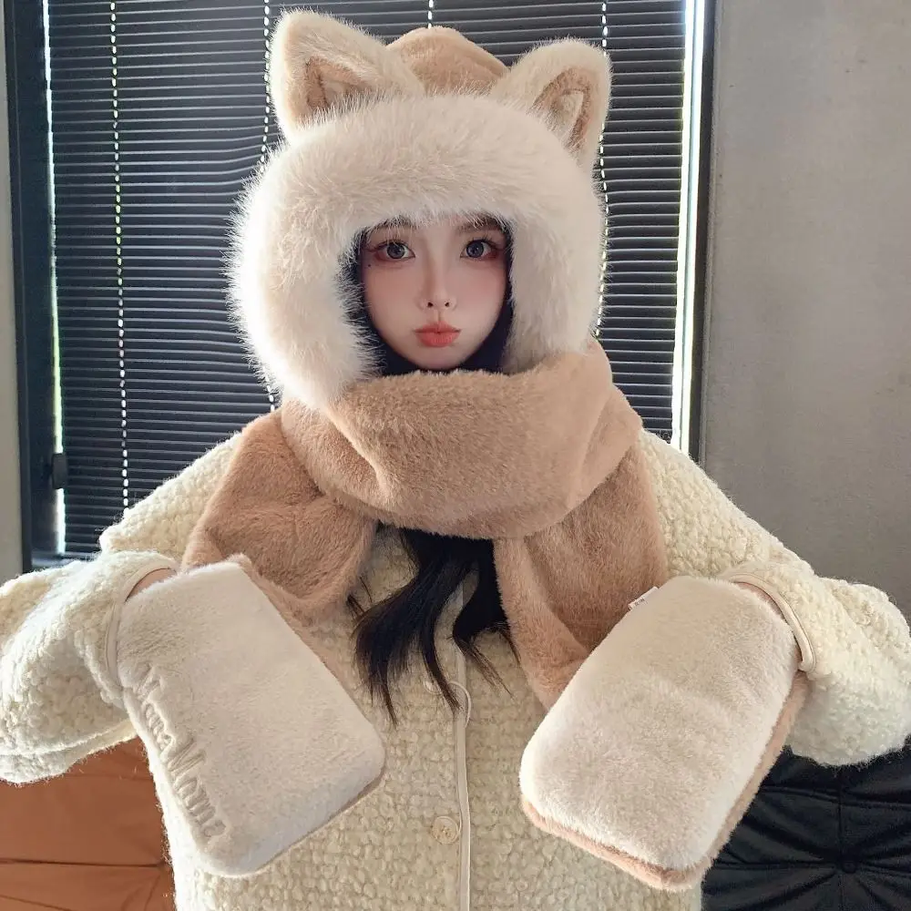 جديد سميكة قبعة وشاح قفازات مجموعة الدفء الثعلب الأذن النساء بيني قبعة يندبروف قبعة متكاملة وشاح الدراجات