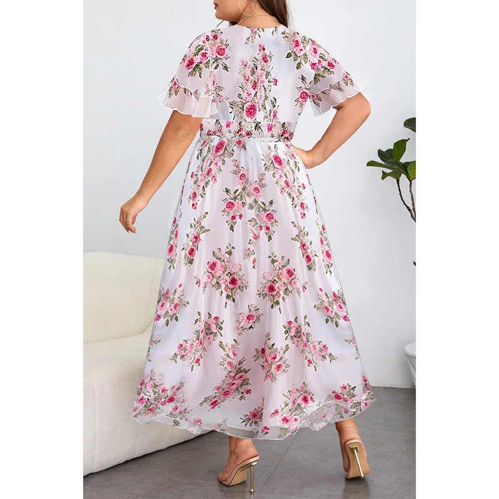 Plus Size Casual Pink Chiffon Floral Print Long Dress Ruffle Sleeve V Neck Tunic Maxi Dress