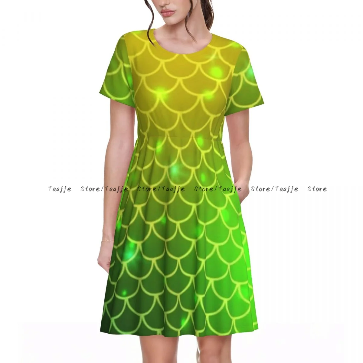 Elegant Women Dress Mermaid Pattern Turn-down Collar Short Sleeve Body-Shaping Street Robe