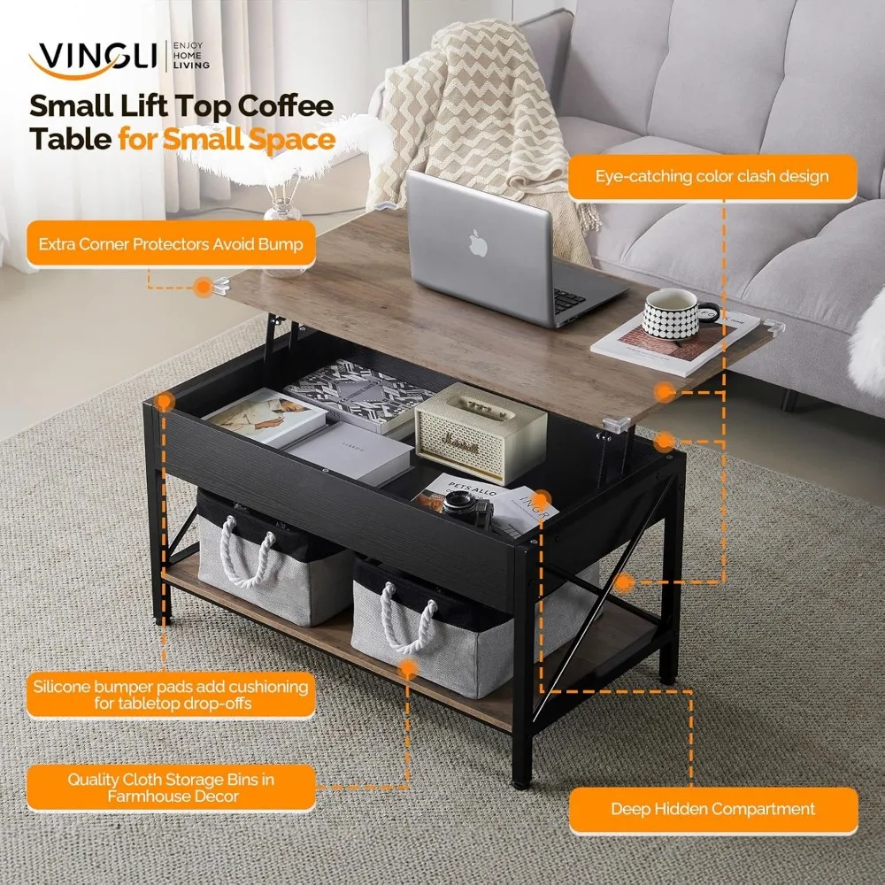 Vingli 36-inch Lift Top Coffee Table with Cloth Storage Bins, Rustic Grey Living Room Coffee Table, Modern Small