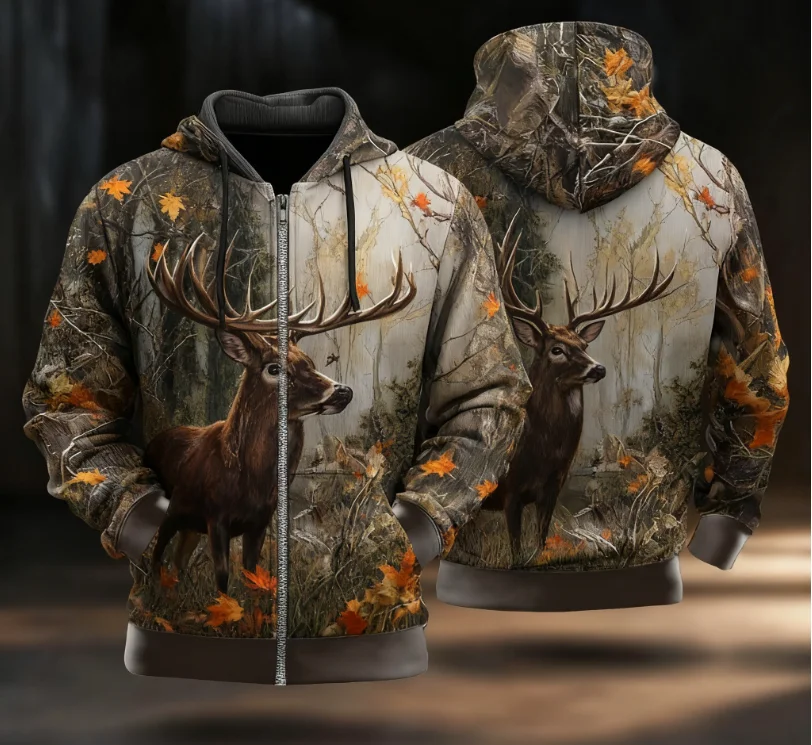 Jaqueta com Capuz em Estampa 3D de Caça ao Veado, Hoodies com Zíper para Homens e Mulheres, Sweatshirts Oversized, Casaco Harajuku