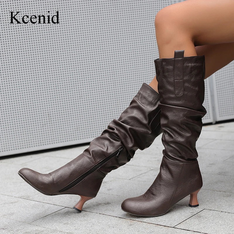 

Kcenid Casual Fashion Round Toe Knee High Boots Women High Heels Sexy Elegant Pleated Long Boots Date Shoes Large Size 34-50