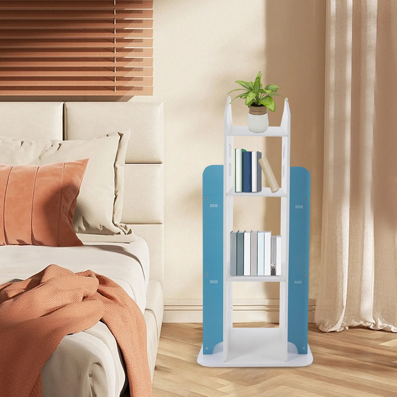 

360 ° Вращающаяся книжная полка для детей, дизайн «Синий замок», 4-х уровневый вращающийся книжный шкаф с емкостью 220 фунтов, угловая полка для хранения книг