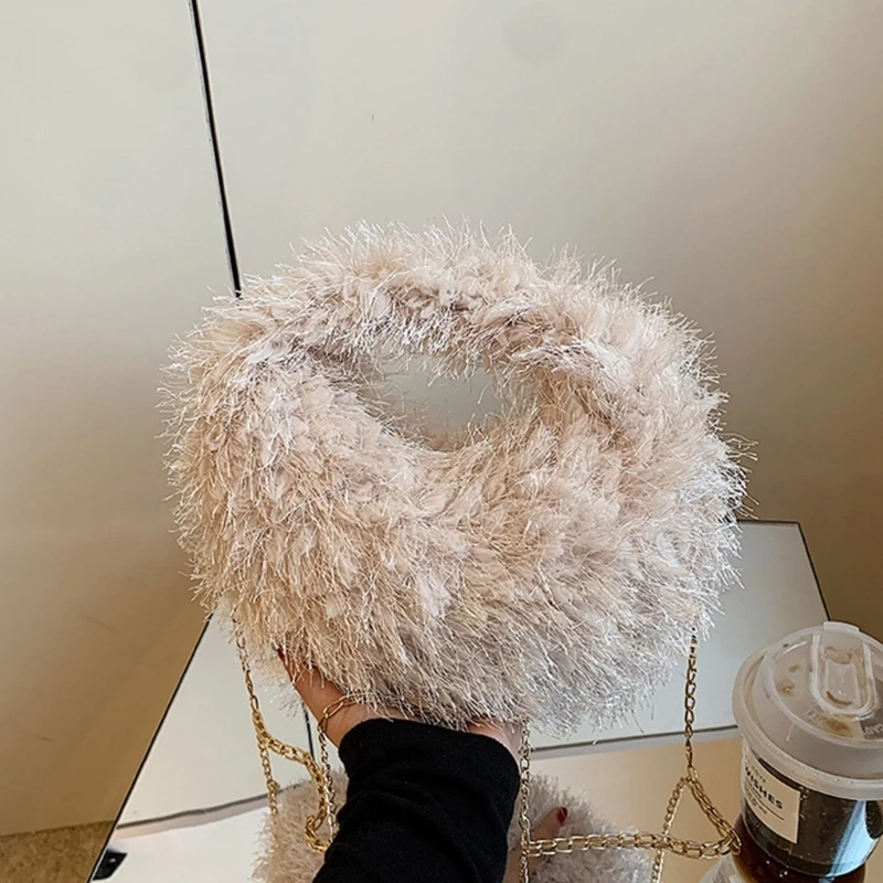 à bandoulière à pompons en peluche avec chaîne, à bandoulière tendance pour femmes filles