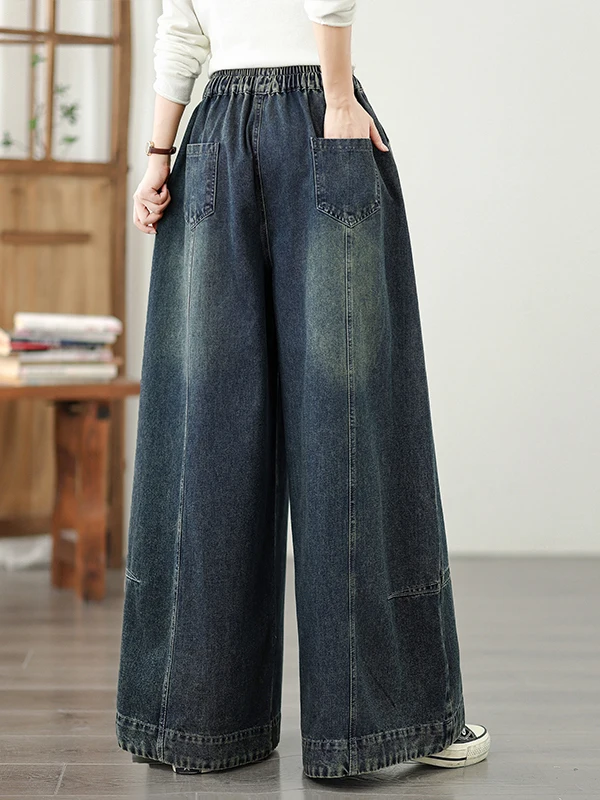 Retro Embroidered Wide Leg Jeans Women's Spring New Elastic Waist Loose Slimming Large Size Casual Straight Leg Pants