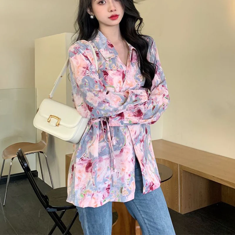 Retro printed long sleeves shirt for women\'s spring autumn new artistic style high-end loose slimming temperament elegant top