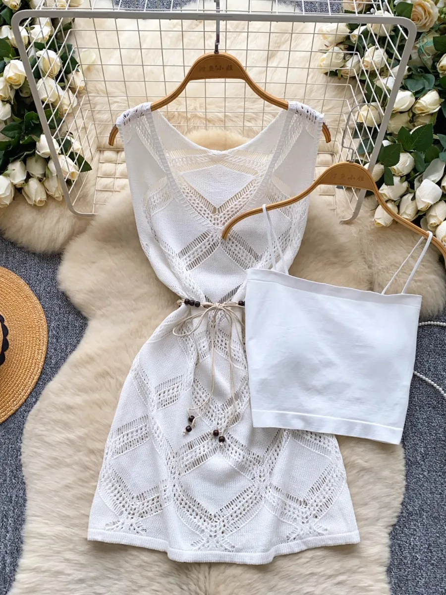 Foamlina coreano em camadas halter topo oco crochê vestido de malha conjunto de duas peças para as mulheres verão novo vestido de escritório vintage conjunto ol