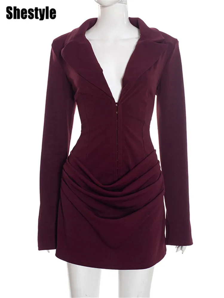 Shestyle Claret-vestido elegante para mujer, vestido de oficina con escote en V profundo, corte en A, manga larga, cuello tipo Polo, hombreras fruncidas 2026