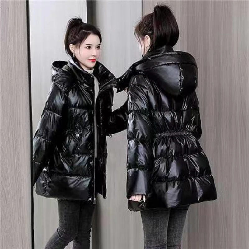 Wash Bright Face Down Cotton-padded Jacket Women Winter Korean Version of Waist Cotton-padded Jacket Fashion Long Cotton-padded