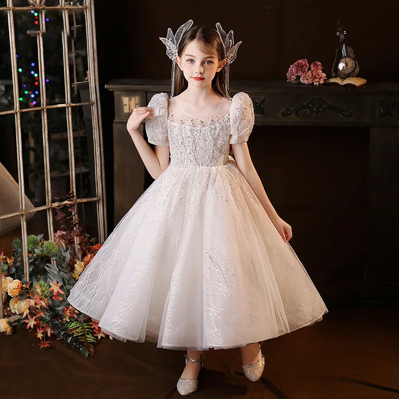 

Little Girls Elegant Princess Dress White Flower Girls Bridesmaid Dresses Sequin Evening Cocktail Long Prom Pageant Gown 12years