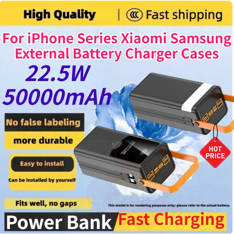 

50000mAh Portable Power Bank 22.5W with Cable Fast Charging External Battery Charger Cases for IPhone Series Xiaomi Samsung