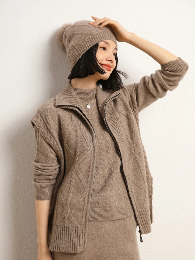 

TLOML Women’s 100% Cashmere Sweater Autumn Winter Cable Knit Vest Cardigan Soft Casual Loose Cashmere Knitwear Sleeveless Vest