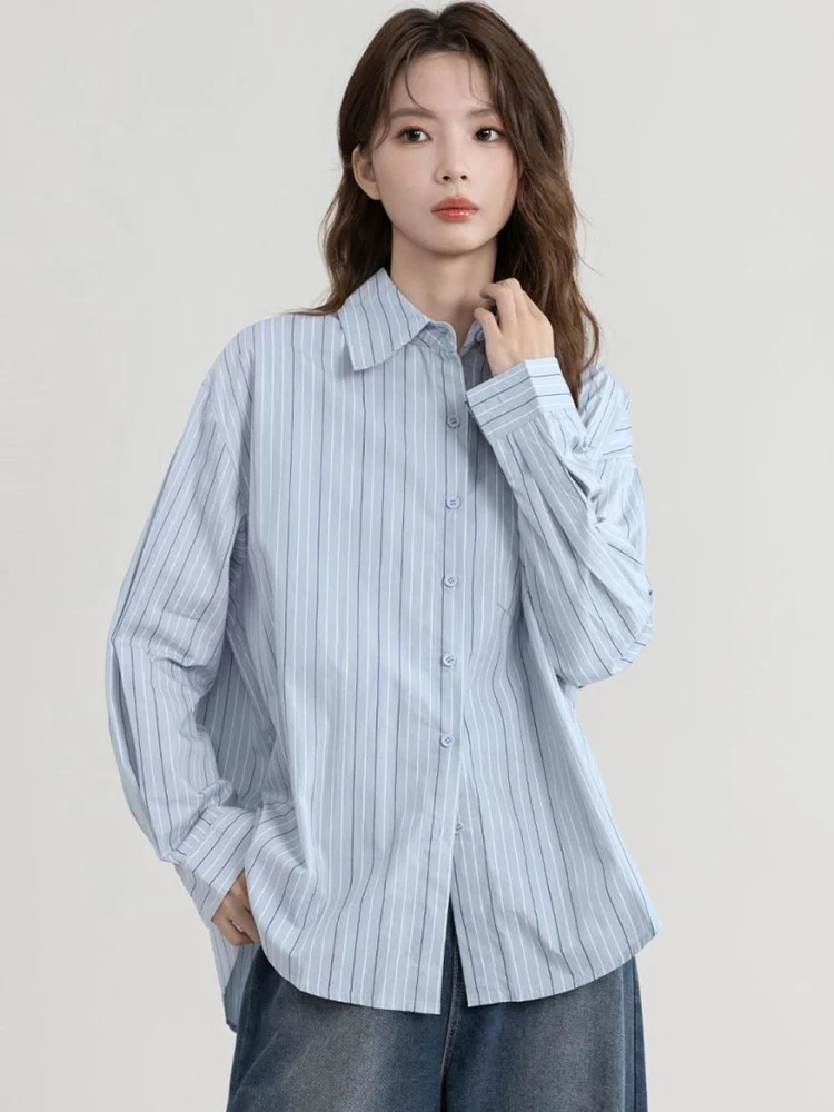 Fall Blue Striped Shirt Women Loose Vintage Preppy Style Long Sleeve Sweet Blouse Casual Oversize Retro Turn Down Collar Tops