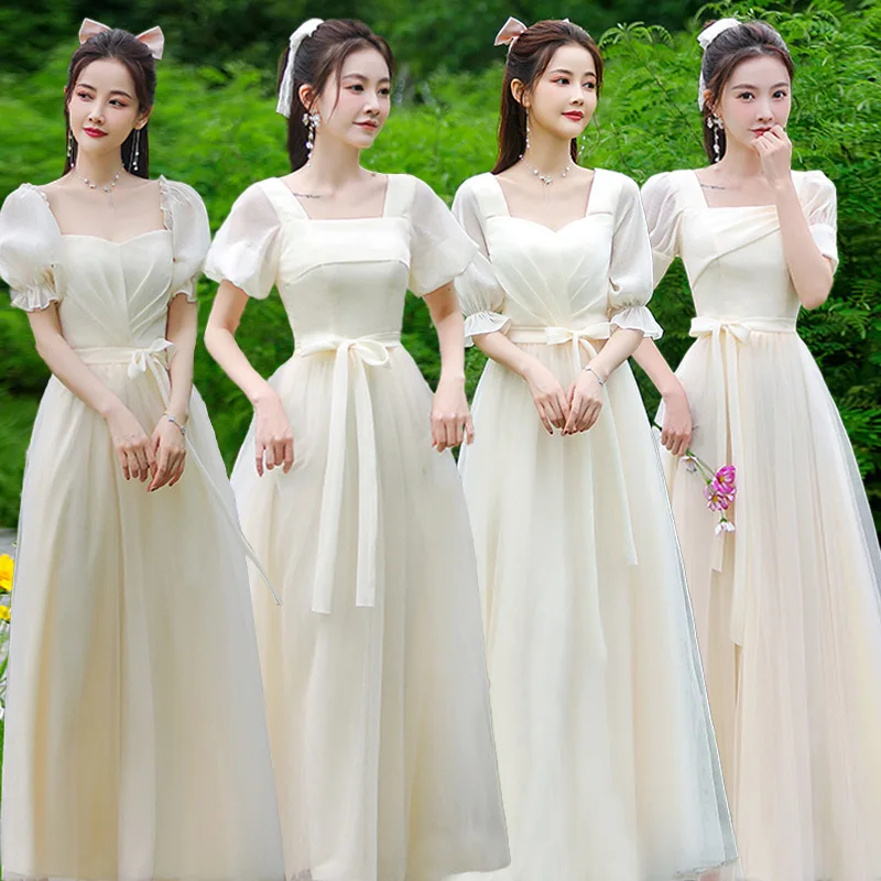 

Solid Color Lace Bridesmaid Dresses New Autumn Sisters Group Simple Elegant Bow Belt Style Long Student Graduation Evening Dress