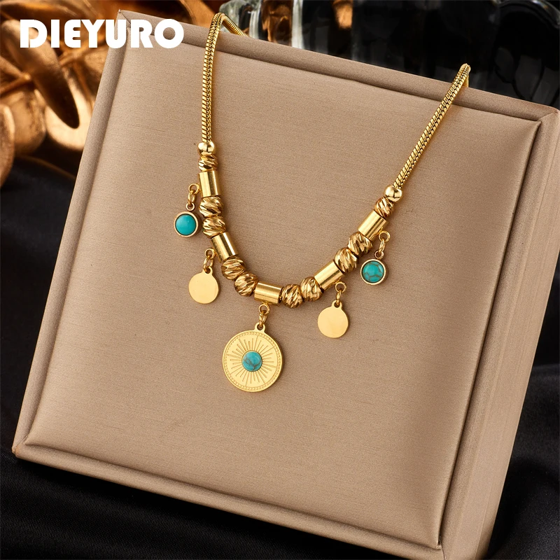 DIEYURO 316L Stainless Steel Gold Color Round Green Stone Pendant Necklace For Women Vintage Ethnic Girls Chain Jewelry Gifts