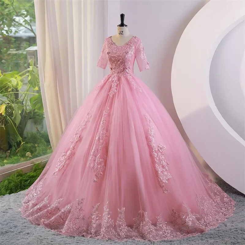 Roze Vestidos Sweet Quinceanera Jurken Met Korte Mouwen Baljurk Luxe Kanten Feestjurk Klassieke Galajurk 2023 Zomer Nieuw