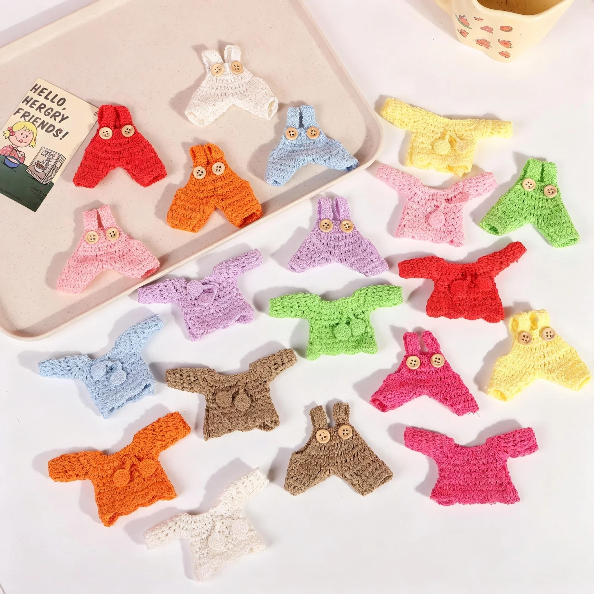 Handmade Crochet Doll Clothes Mini Knit Tops Overalls Multicolor Cherry Pattern Outfit Cotton Plush Doll DIY Dress Up Accessorie