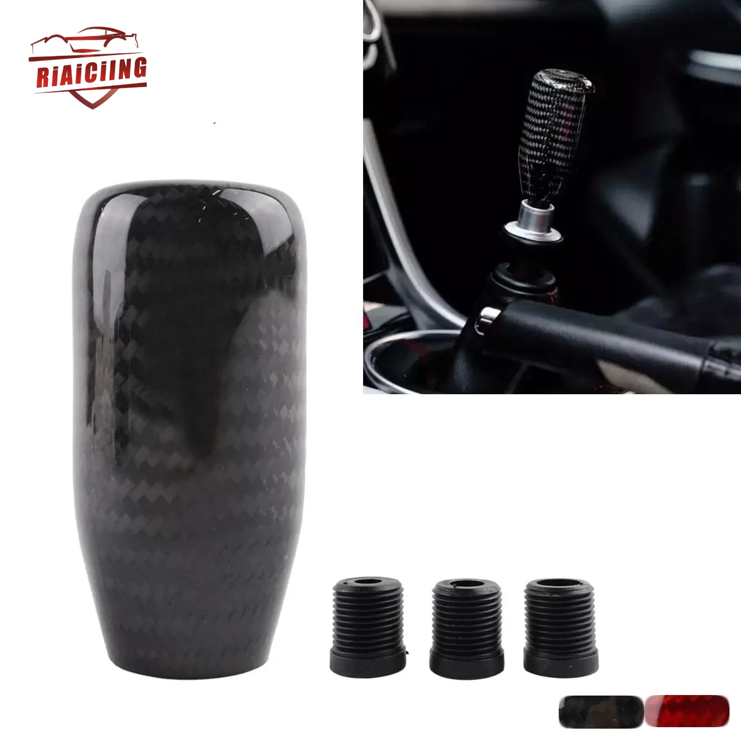 High quality Racing style Black Red Real Carbon Fiber Car Gear Shift Knob Shifter Head w/ 3 Adapter Universal GSK009-CB