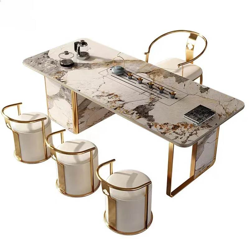 

Luxury coffee table, marble countertop, gold stainless steel, living room, Chinese style with Kung Fu tea pot