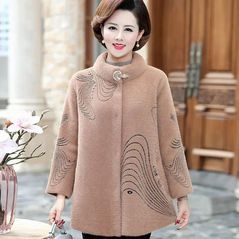 Winter Mother Faux Mink Fleece Jacket 2024 Fall/Winter Fashion Loose Stand Collar Wool Coat Plus Size Loose Warm Women\'s Outwear