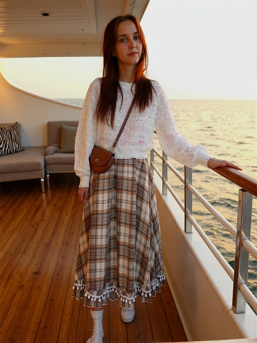 

Plaid Midi Skirts Womens Denim Pocket Button Streetwear High Rise Slim Flare Hipster Modern Retro Patchwork Skorts Versatile