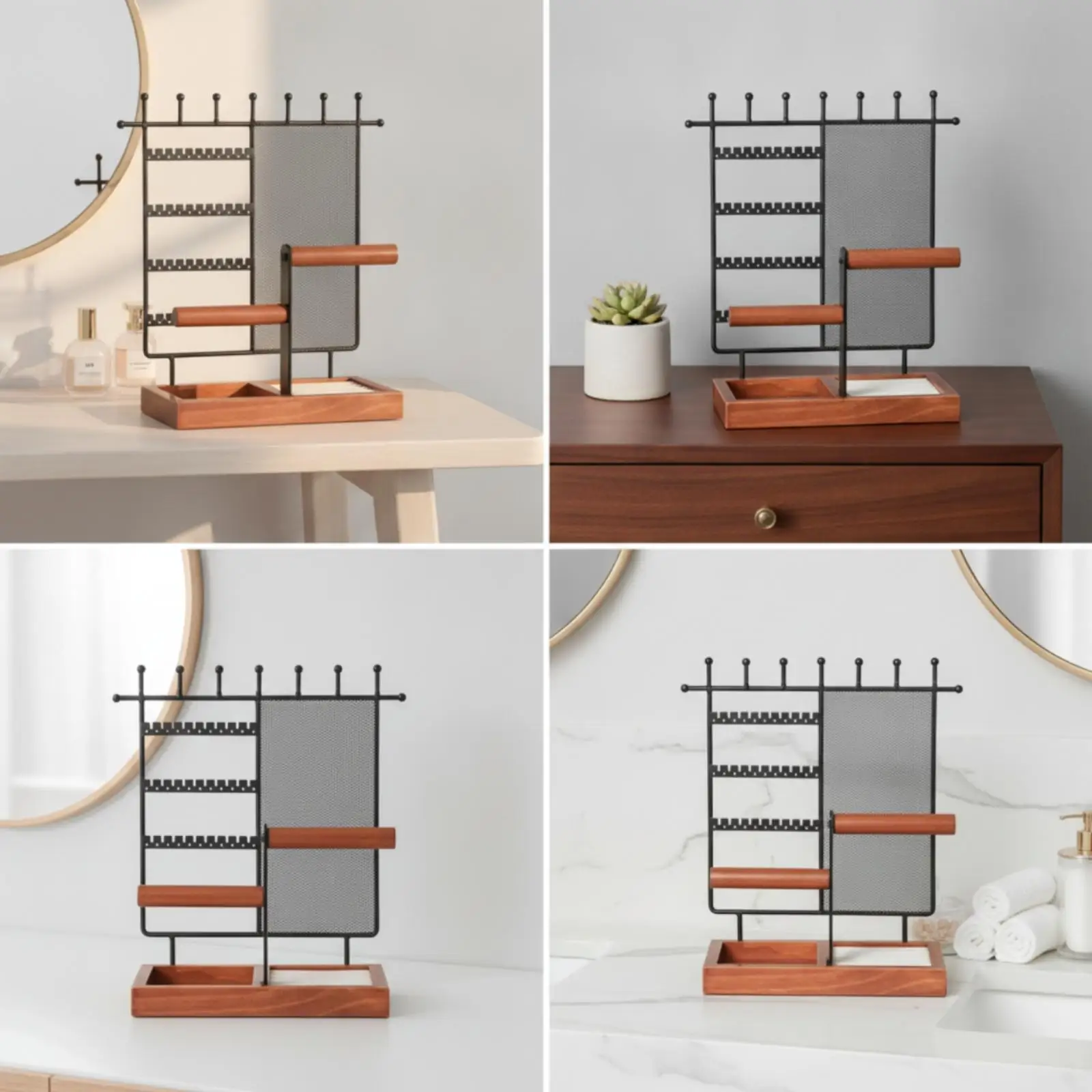 Freestanding Jewelry Display Rack with Wooden Base Tray for Necklaces Bracelets Rings Earrings Organizer for Vanity Countertop