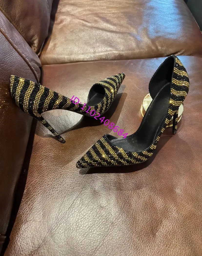 Design Women High Heel Pointed Toe Color Blocking Rhinestones Stilettos Lady Pointed Toe Stiletto Heel Open Side Crystal Shoes - view 2