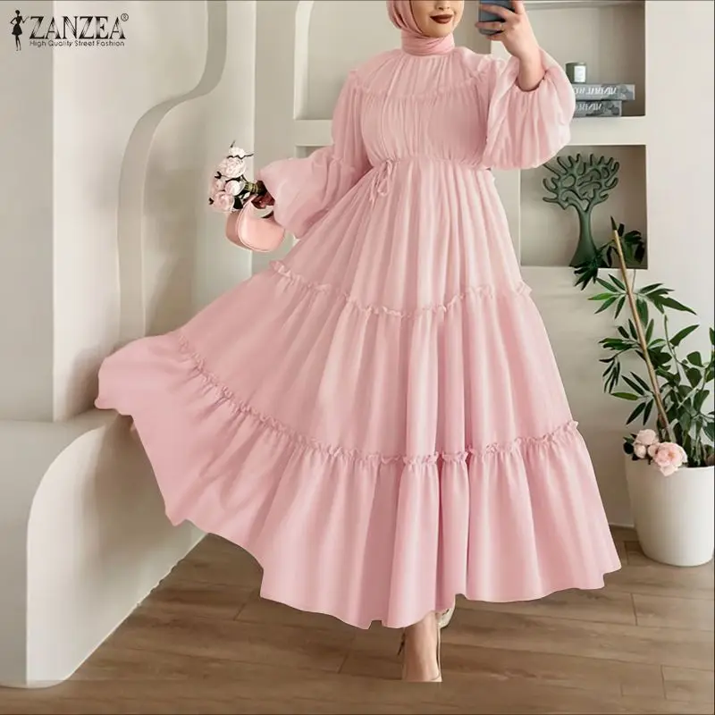 Muslim Woman Modest Ruffles Trim Maxi Dress Elegant Lantern Sleeve Sashes A-Line Tiered Long Dresses Islamic Ramadan Clothes 3XL