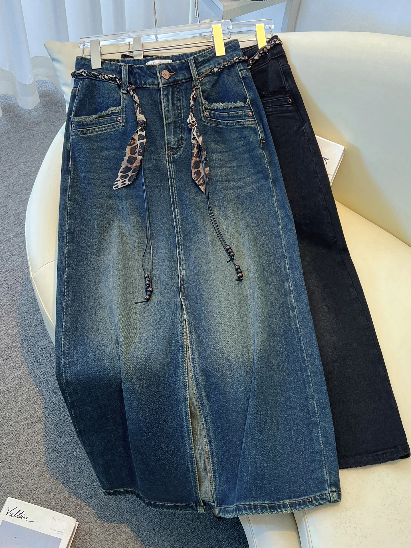 

Джинсовая юбка с высокой талией женская, весна-осень 2026, новый стиль, с поясом-платком, прямого кроя, А-силуэт, длинная