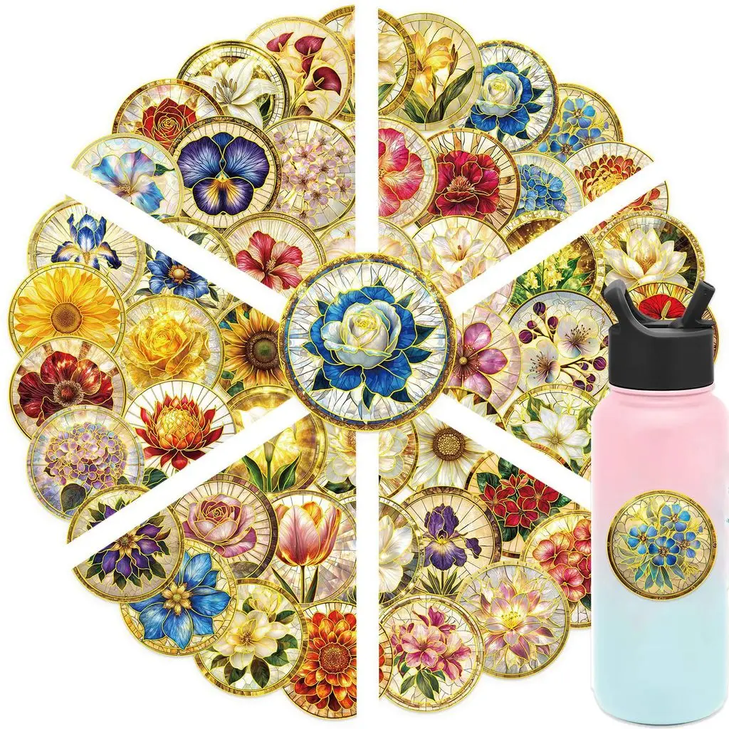 50Pcs Retro Gold Foil Flower PET Waterproof Stickers, Vintage Floral Kirri Cartoon Decals for Phone Case Custom DIY Decor