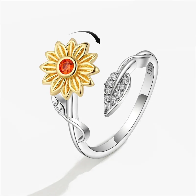Luxuriöser Schmetterlings-Sonnenblumen-Fidget-Spinner-Ring gegen Angstzustände für Frauen, Kristallblumen-Angst-Fingerringe, Anti-Stress-Hochzeitsschmuck