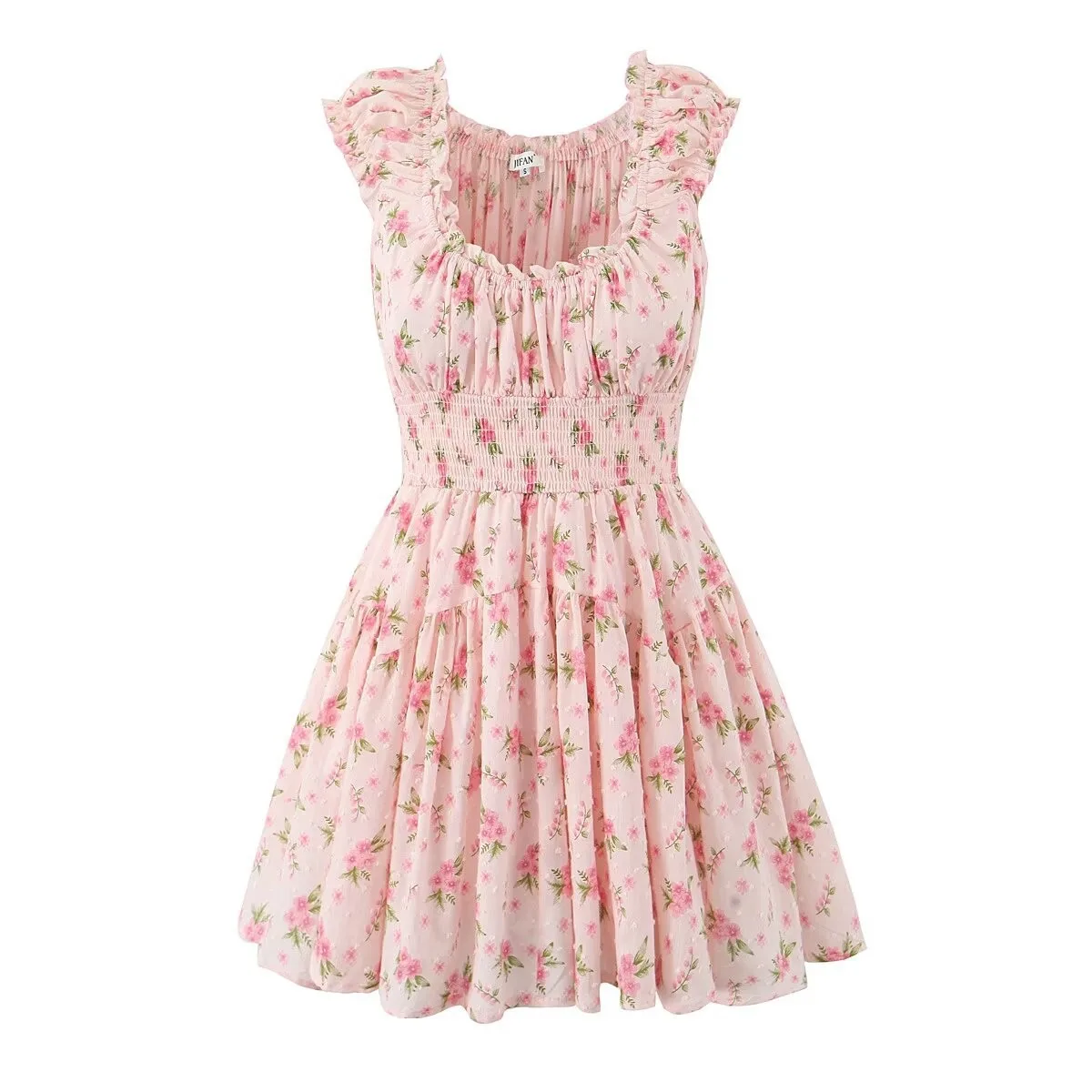 

Summer Dress Women's Short Sleeve Pink Ruffle Dresses U Neck Smocked Waist Fitted Waist Mini Dress A Line Tiered Skirt Floral