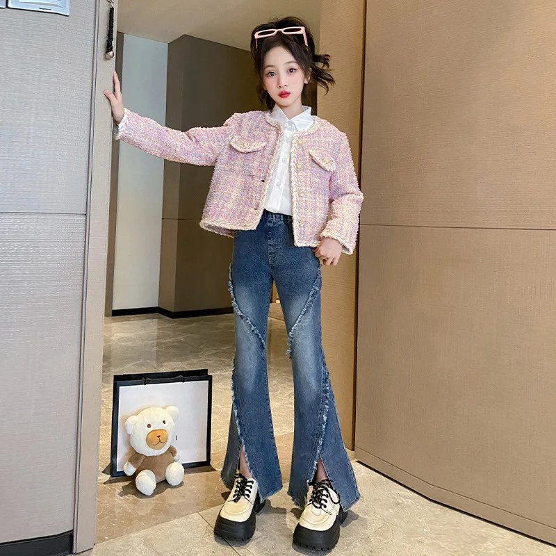 

Korean Autumn Junior Girl 3pcs Suit Children Girl Single-breasted Round Neck Coat+Long Sleeve Shirt+Bootcut Jeans 4-12Y Girl Set
