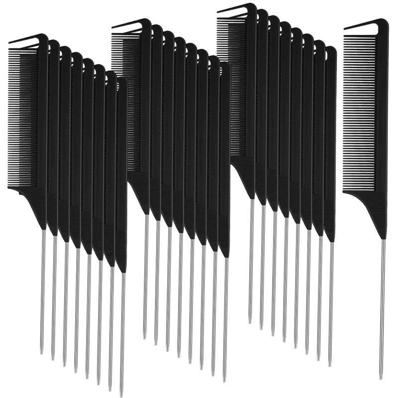 

30 Pieces Parting Comb for Braids Hair Rat Tail Comb Steel Pin Rat Tail Carbon Fiber Heat Resistant Teasing Combs(Black)