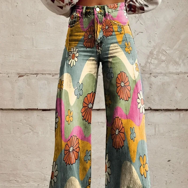 Retro Printed Loose Striped Women's Wide Leg Pants 2024 Summer Fashionable High Waisted Button Long Pants Casual Tie Dyed Jeans