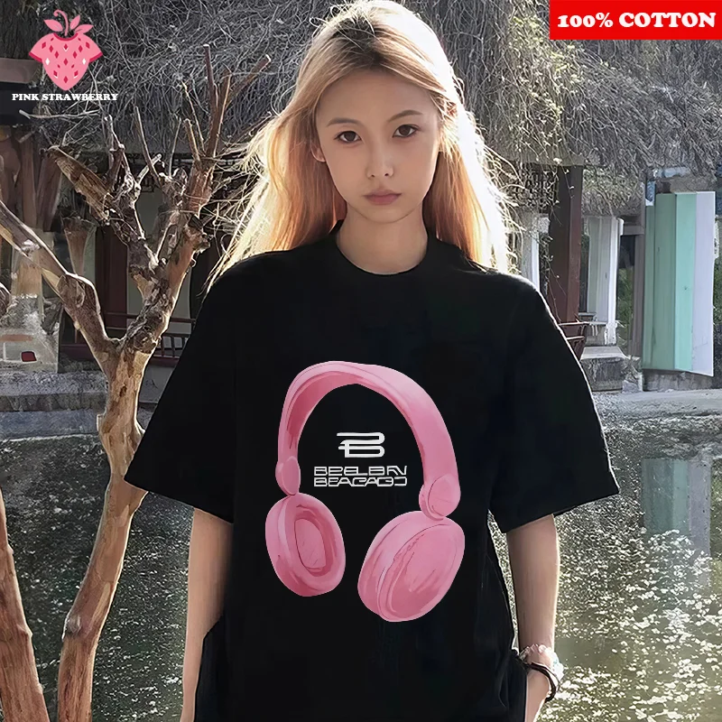 

American Street Headset Print T-shirt Women Summer 2025New 100%Cotton Short sleeve Tee Loose Casual Y2k Top Youth Female clothes