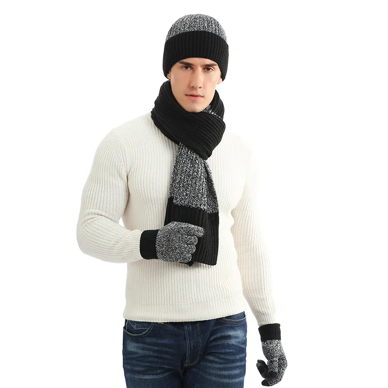 Conjunto de gorro y guantes Unisex para hombre, bufanda de hilo de lana, silenciador de punto, gorro de Color de contraste, Otoño e Invierno