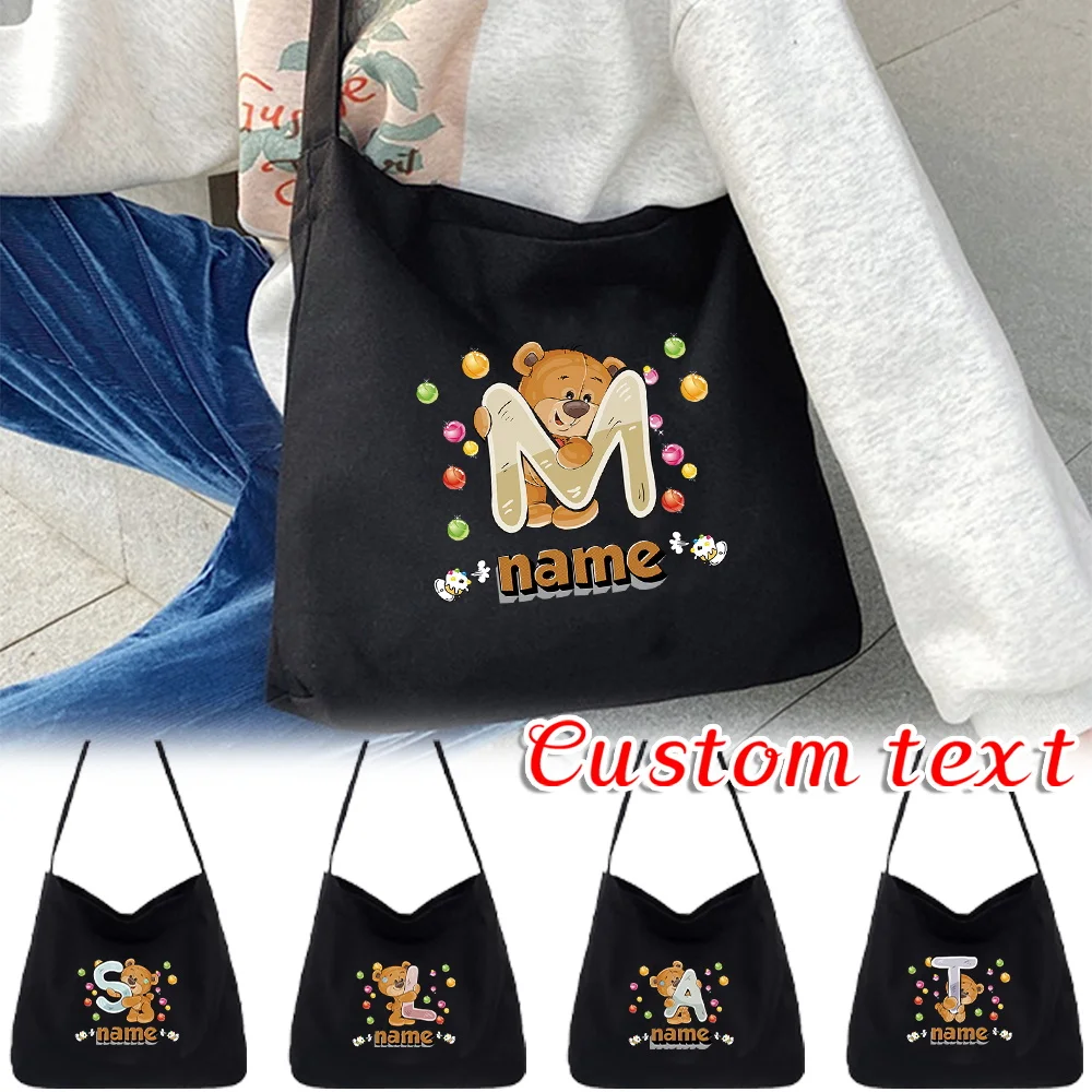 Personalized Customization Name Shoulder Bag Canvas Handbag Black Women's Commuter Bag Cartoon Pattern Series