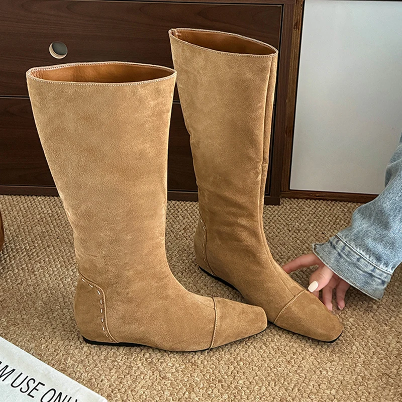 

Flats Women's Long Boots Fashion Suede Dress Shoes Woman New Winter Knee High Chelsea Boots 2025 Designer Botas De Mujer Shoes