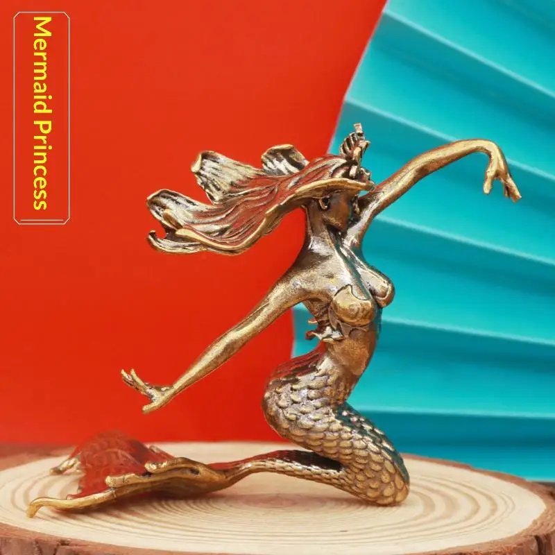 -Brass Mermaid Small Statue Retro Beauty Characters Miniatures Figurines Desktop Decor Crafts Home Decor