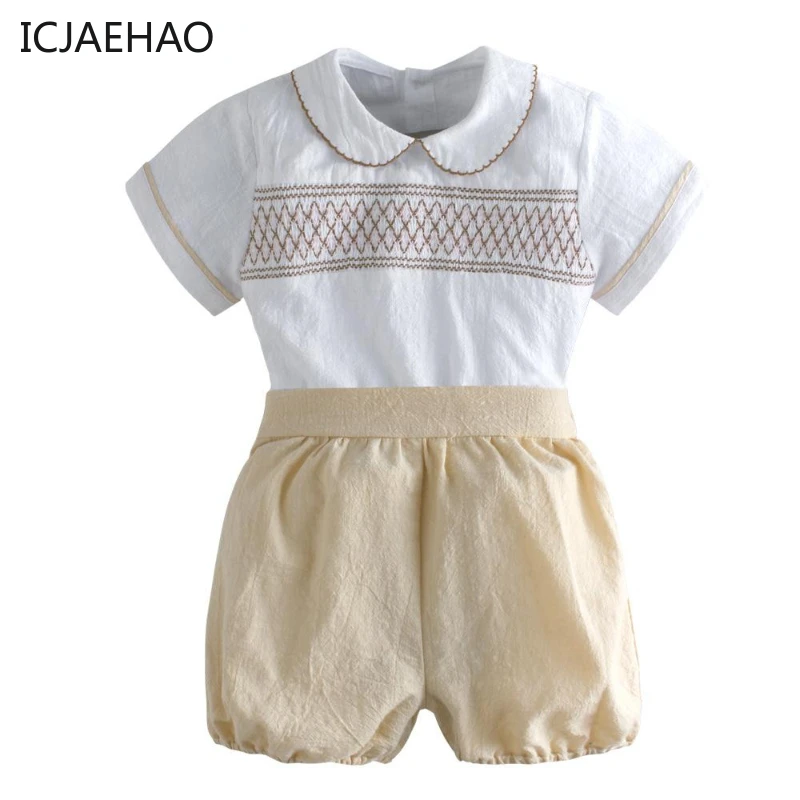 

Baby Clothes New Born Children's Set for Boys Handmade Smocked Suit Shirt + Shorts Baby Outfits Elegant Boutique Kids Matching