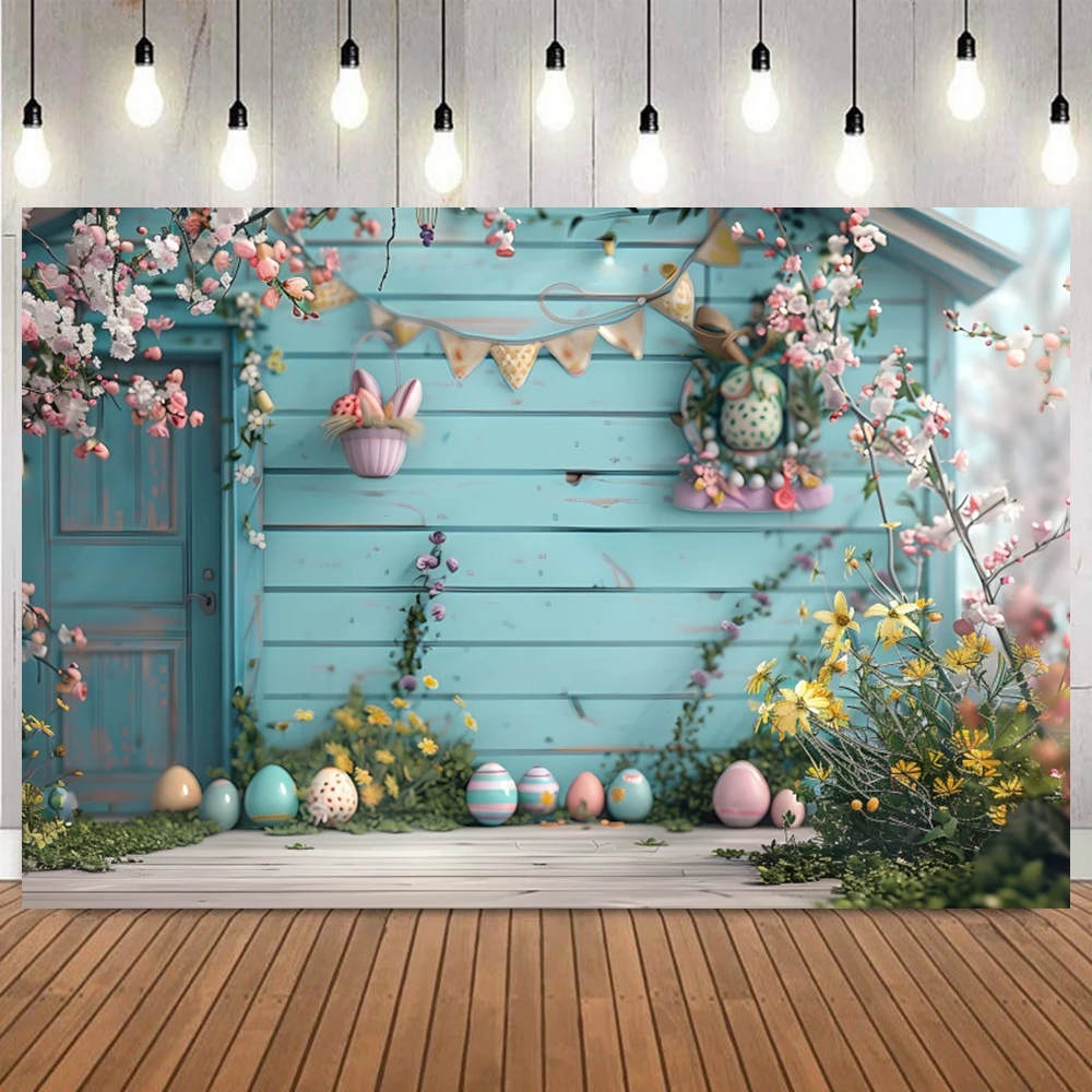 Easter Pastel Bunny Eggs Floral House Fence Photo Backdrop Baby Shower Portrait Birthday Party Home Decor Photography Background