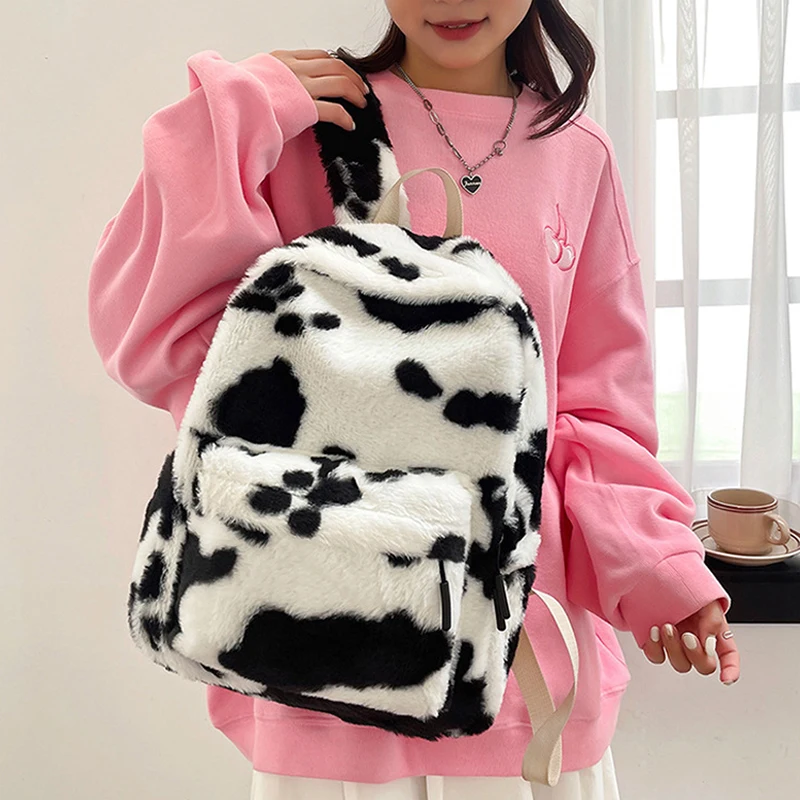 Autumn Winter Plush Cow/leopard Print Backpack Fashion Casual Large Capacity Student School Bag Retro Fluffy Travel Storage Bag