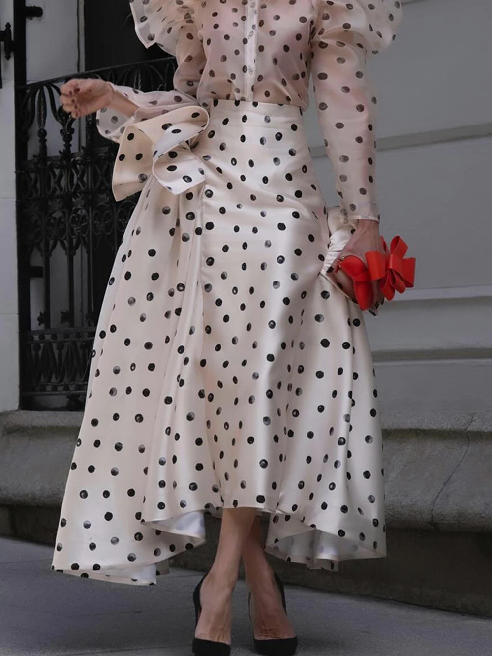 

Modphy Long Polka Dot Ruffle Skirts Women 2025 Summer High Waist Retro Vintage Formal Maxi Skirt For Ladies