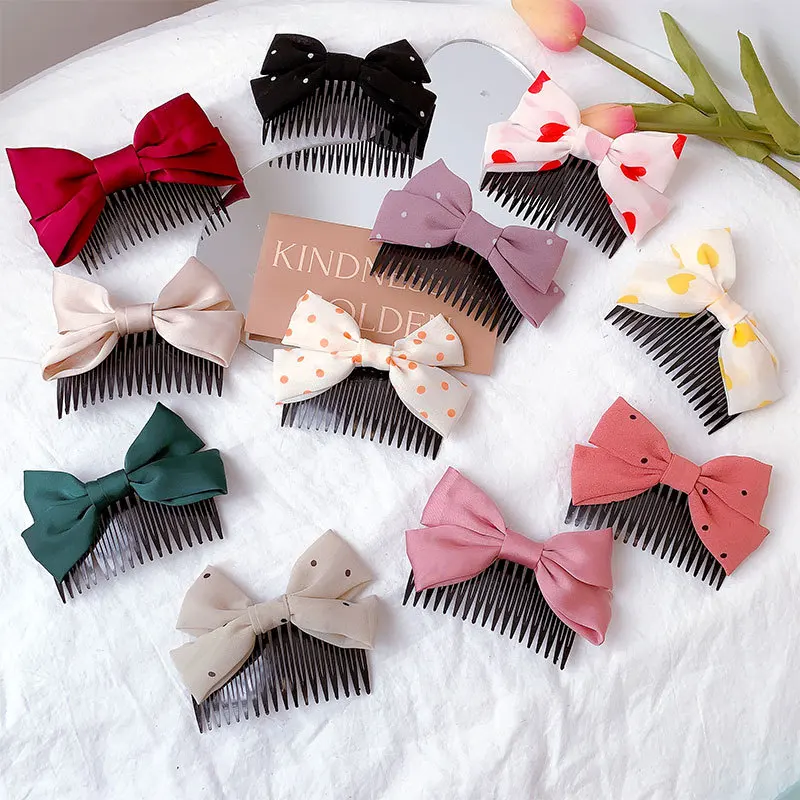 Cute Colorful Wave spot Yellow Red Love Heart Sweet Bowknot Hair Combs Pink White Purple Green Black Headwear For Women Girls