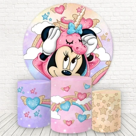 Baby Shower Round Background Circle Photo Backdrop Pink Minnie Mouse Girl Birthday Party Decoration Table Plinth Cylinder Cover