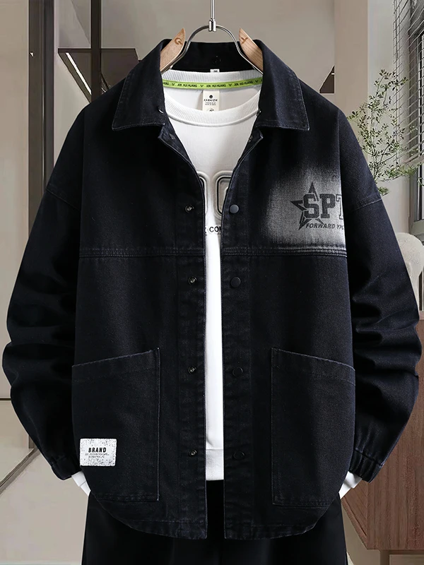 

American Sle Loose Fit Men's Denim Jaet Spring Autumn Collar Letter Print Jaet Youth Trendy Cotton Polyester Blend