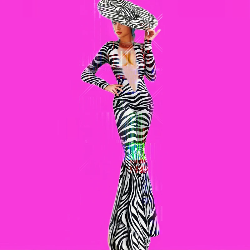 

Bar Nightclub DJ Party Outfit Zebra Striped Jumpsuit Sexy Pole Dance Fringed Sleeves Bodysuit Stage Show Rave Clothes XS10555