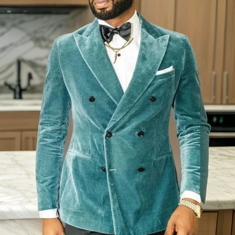 

2 Pcs Velvet Men Suits Double Breasted Slim Fit With Black Pants Wedding Tuxedo For Prom Groom Male Fashion Blazer